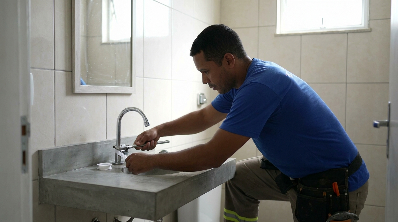 Encanador instalando torneira em Vitória da Conquista‑BA