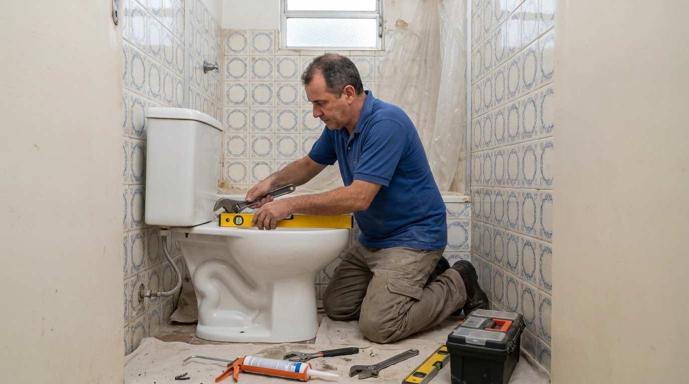 Técnico instalando vaso sanitário em Vitória da Conquista‑BA